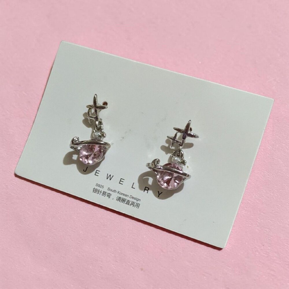 Pink Planet Star Earrings, Silver Tone Celestial Stud Earrings, Kawaii Coquette - Picture 3 of 7